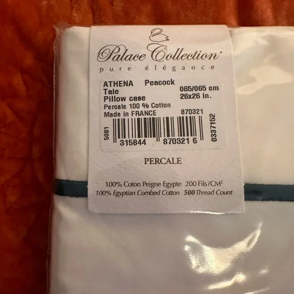 Yves Delorme 100% Egyptian Cotton White & Peacock Green Sham Set 26x26 Sheets